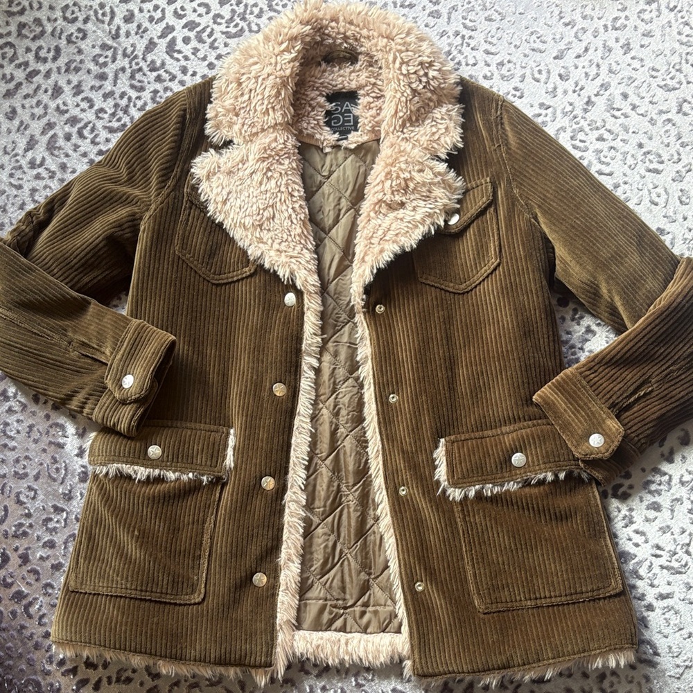 Sage Collective Olive Green Brown Corduroy Jacket with Cream Faux Fur Lining